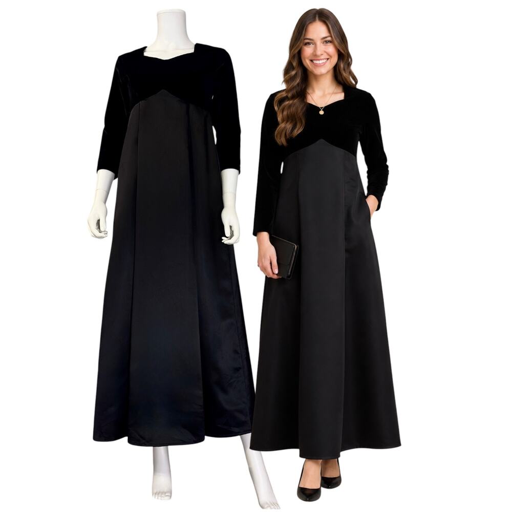 White Elegance Black Velvet Satin Gown Size XXS Dress Modest Formal LDS Occasion